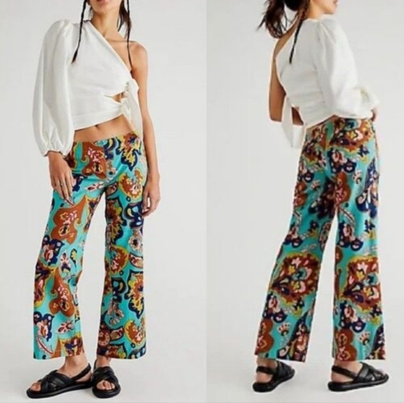 Free People Pants - Free People Down & Out Floral Printed Flared Cotton Trousers Size 14